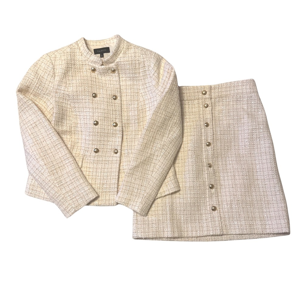 Talbots Womens Cream Gold Metallic Tweed Skirt Suit Set Blazer Size 6 NEW